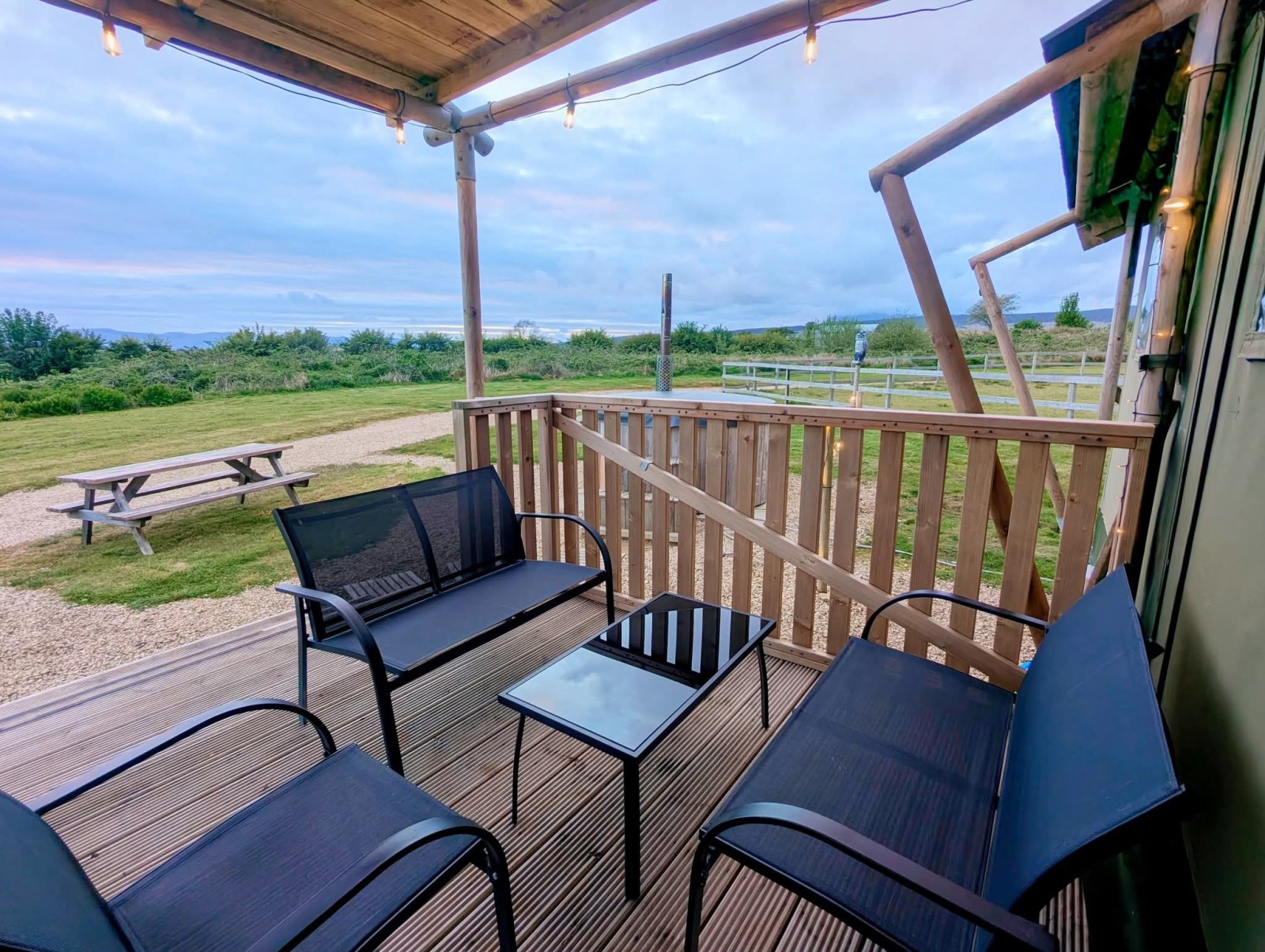Outdoor seating area under canopy